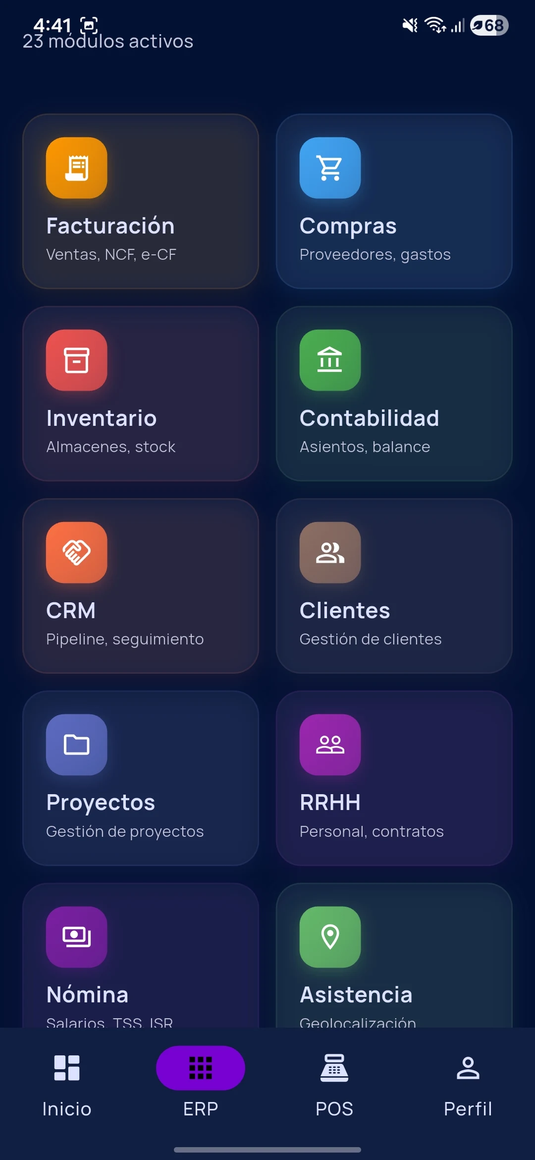 Captura oficial de Olorun App: acceso a facturación, compras, inventario, contabilidad, proyectos y RRHH