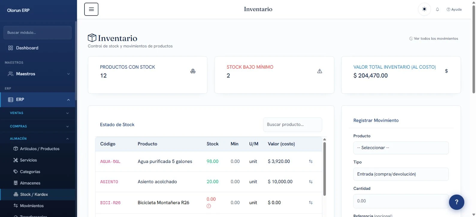 Inventario. Captura real de Olorun ERP con datos demo.