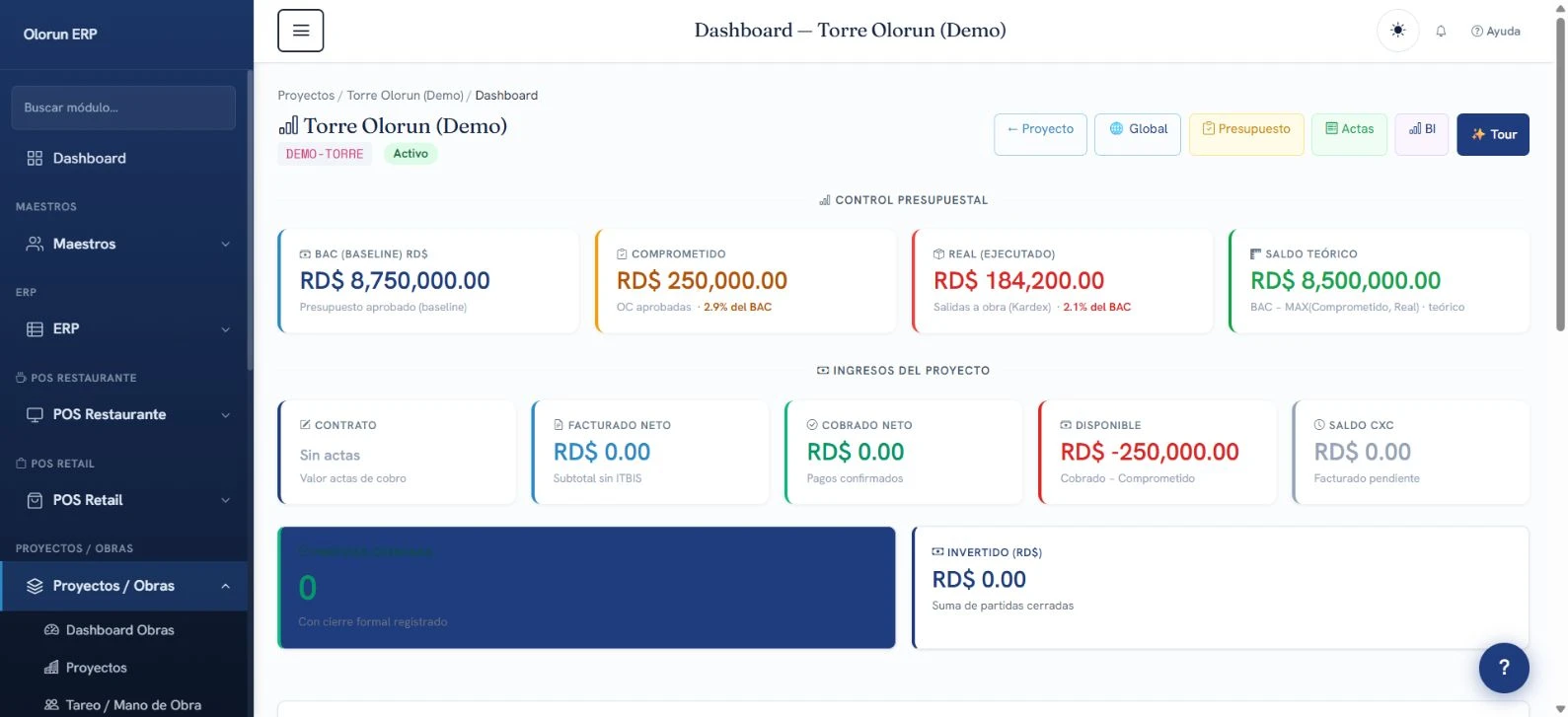 ERP para construcción: pantalla real de la cuenta demo de Olorun