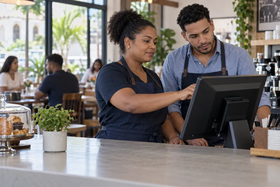 Escena ilustrativa de un equipo de cafetería usando su terminal.