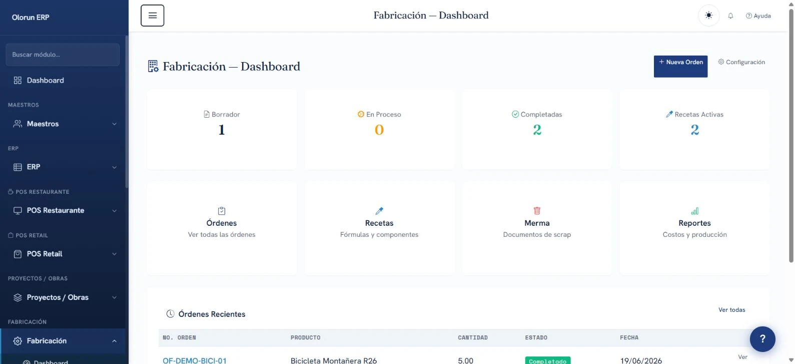 ERP para fabricación: pantalla real de la cuenta demo de Olorun