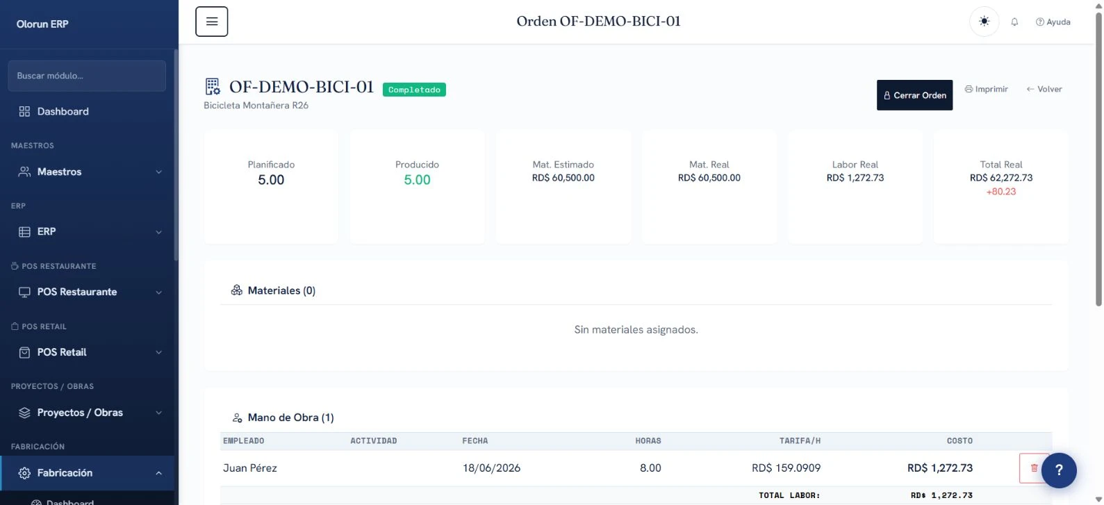 El detalle detrás del costo. Captura real de Olorun ERP con datos demo.