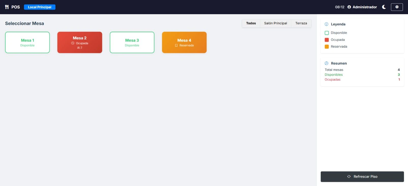ERP para restaurantes: pantalla real de la cuenta demo de Olorun