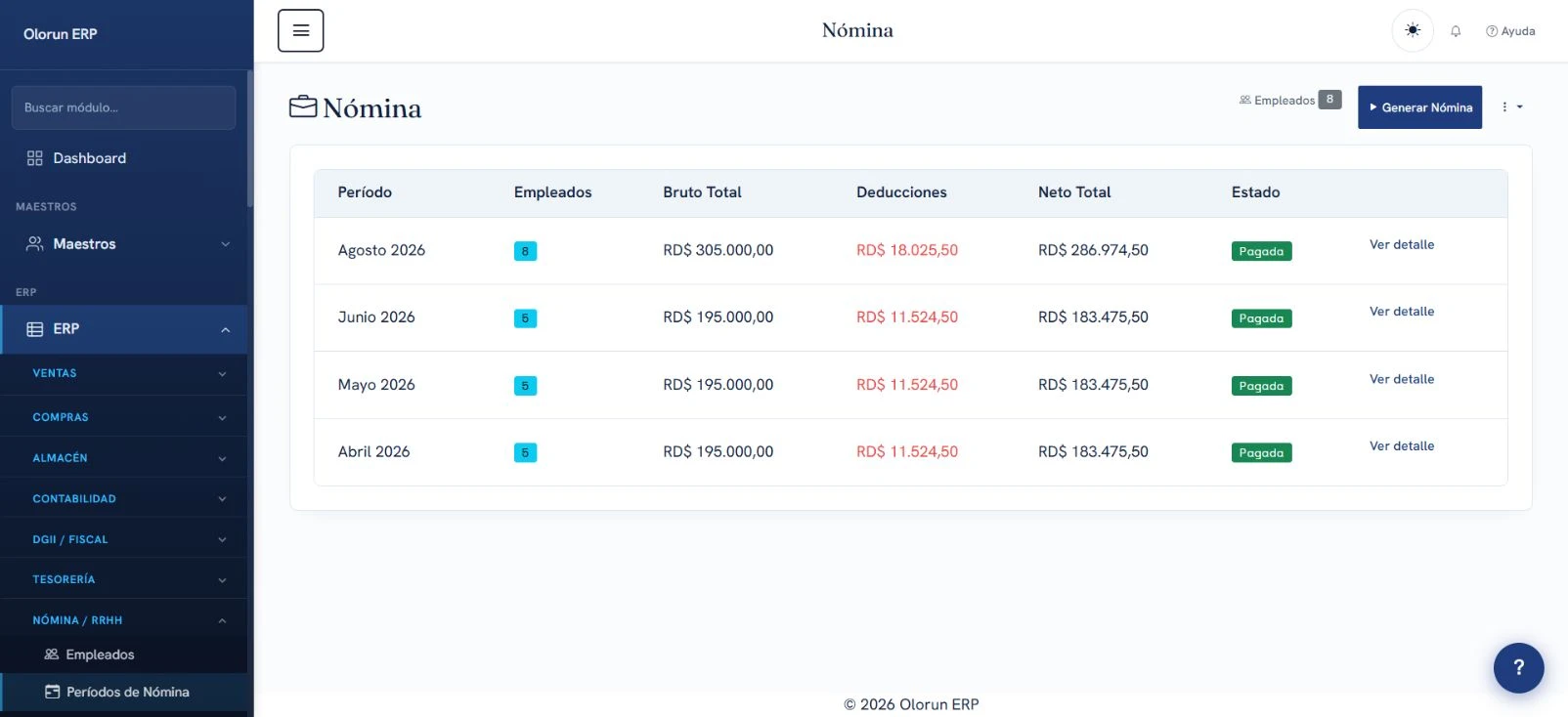 Cada período, con su resumen. Captura real de Olorun ERP con datos demo.