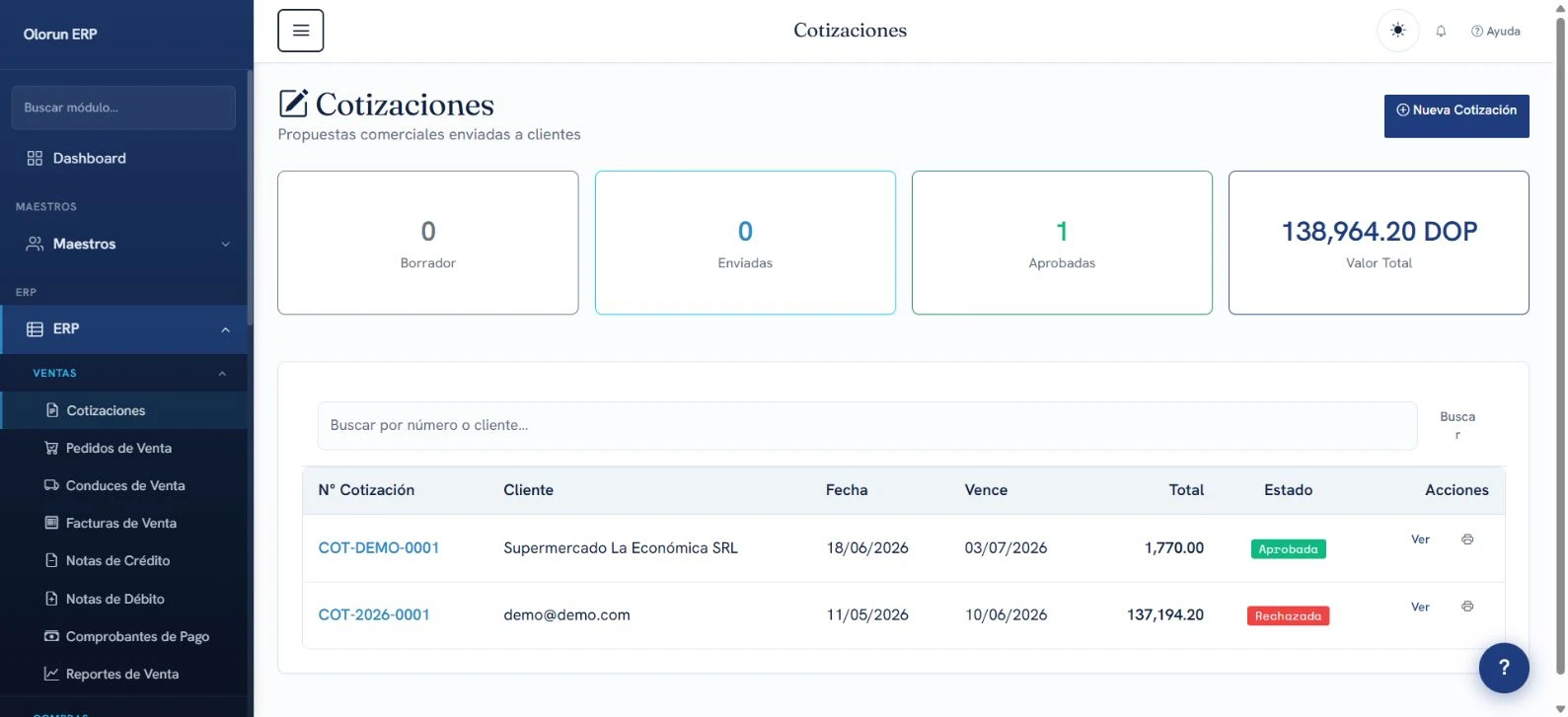 ERP para servicios profesionales: pantalla real de la cuenta demo de Olorun