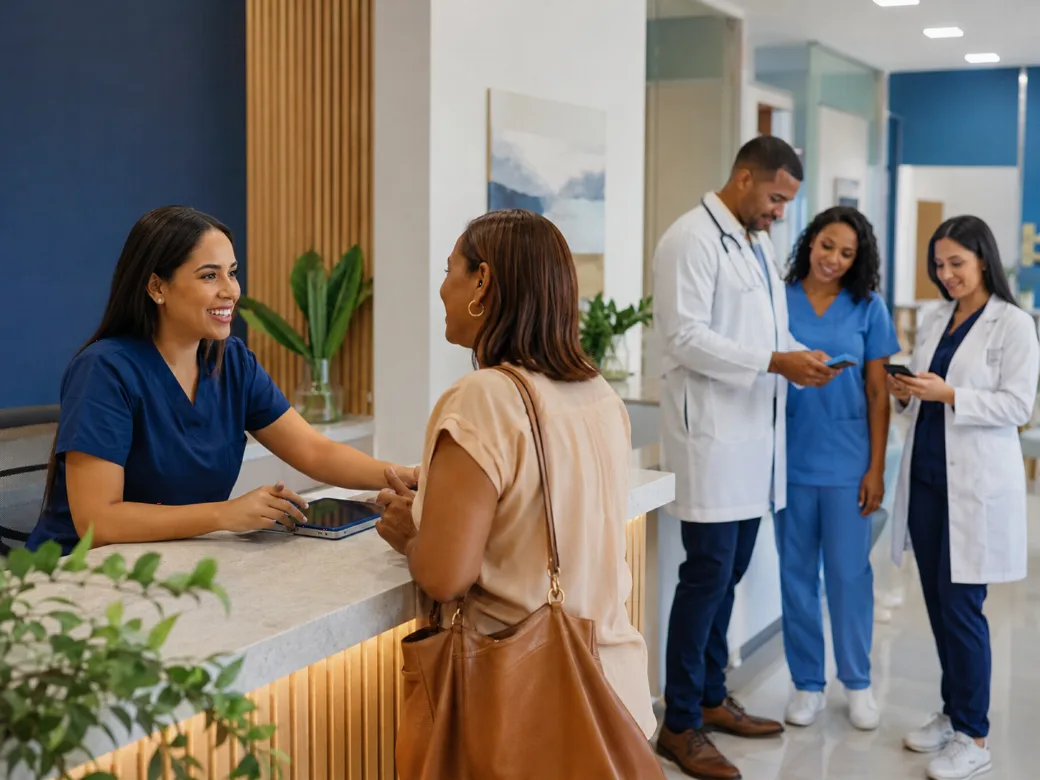 Equipo de un centro médico coordinando pacientes, especialistas y agendas con vMédicos.